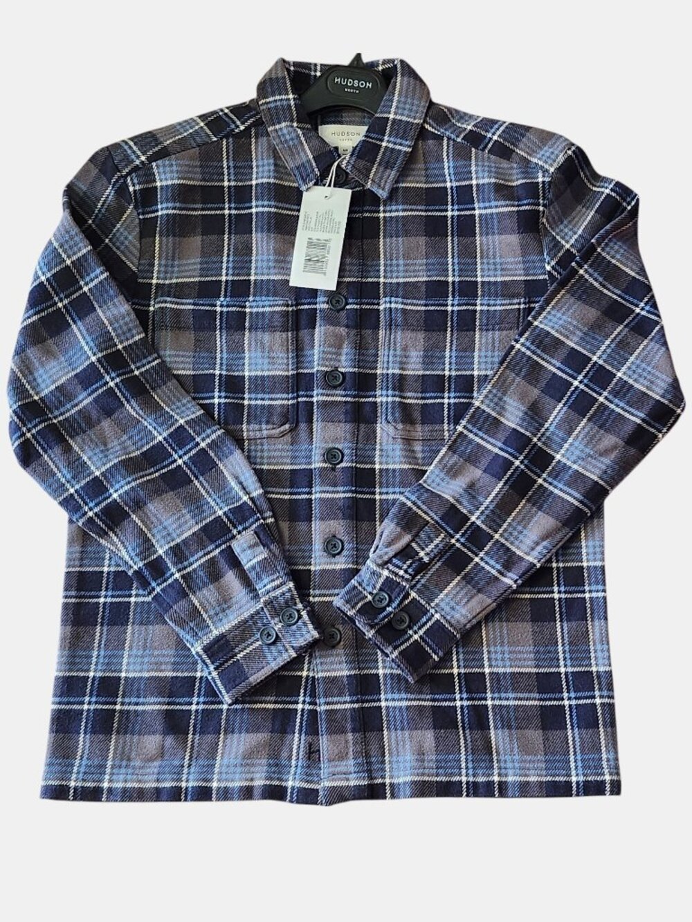 NEW Hudson North Men's Plaid Cotton Shirt Charcoal/Navy Front Pockets Medium